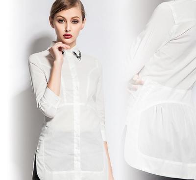 2015春新款女装 翻领订珠七分袖修身气质中长款女式衬衫